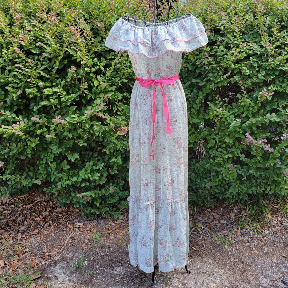 Jean Leslie 13 Maxi Dress Floral Ruffle Off Shoulder Prairie Vintage Summer